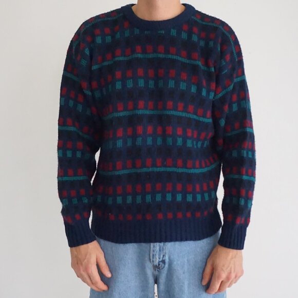 Vintage Scandia Navy Teal Red Wool Patterned Crewneck Sweater Retro Eclectic M - Picture 1 of 9